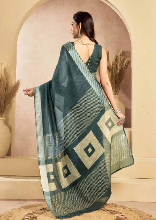 Women's Faux Linen Floral Ready to wear Saree With Unstitched Blouse 5.5Mtr (Light_Teal)