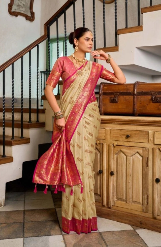 Women's Silk Blend Booti Work Ready to wear Saree With Unstitched Blouse 5.5Mtr (LightBeige)