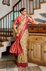 Load image into Gallery viewer, Women's Silk Blend Booti Work Ready to wear Saree With Unstitched Blouse 5.5Mtr (LightBeige)
