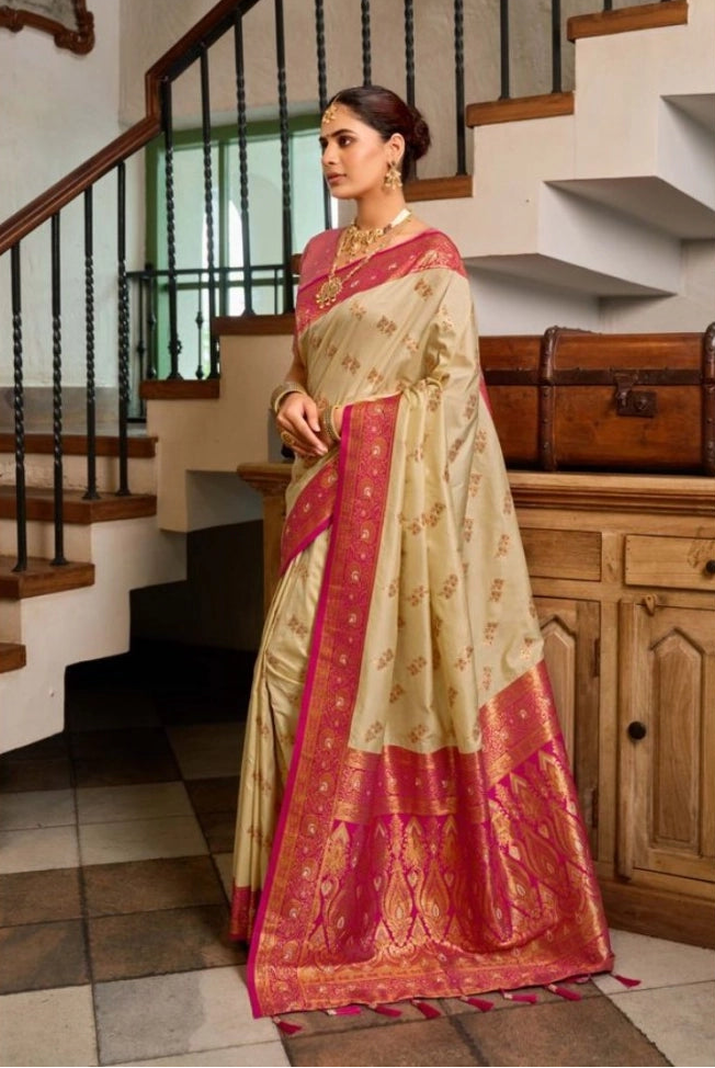 Women's Silk Blend Booti Work Ready to wear Saree With Unstitched Blouse 5.5Mtr (LightBeige)