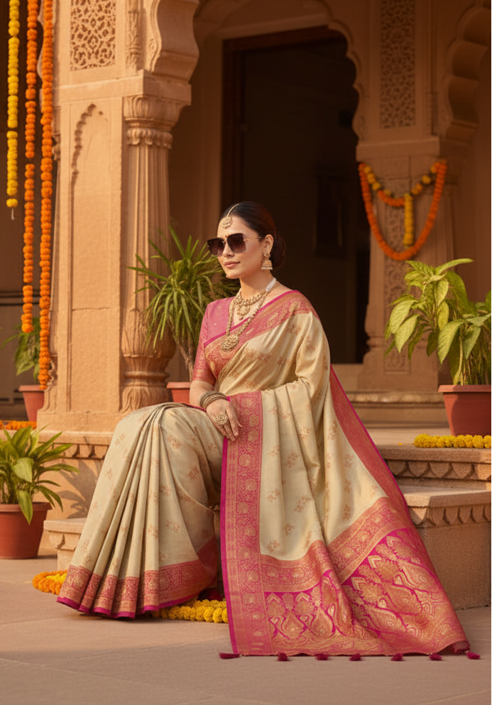 Women's Silk Blend Booti Work Ready to wear Saree With Unstitched Blouse 5.5Mtr (LightBeige)