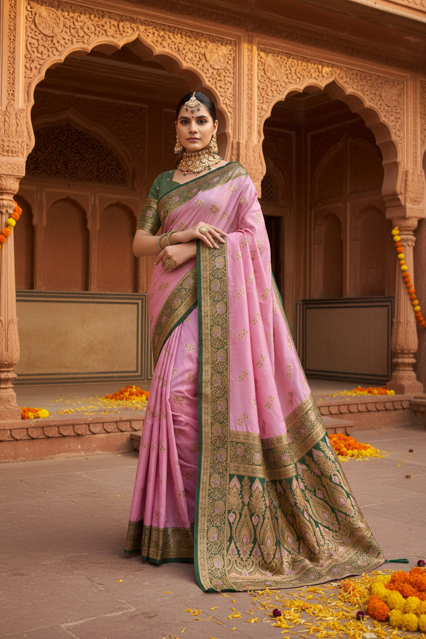 Women's Silk Blend Booti Work Ready to wear Saree With Unstitched Blouse 5.5Mtr (LightPink)