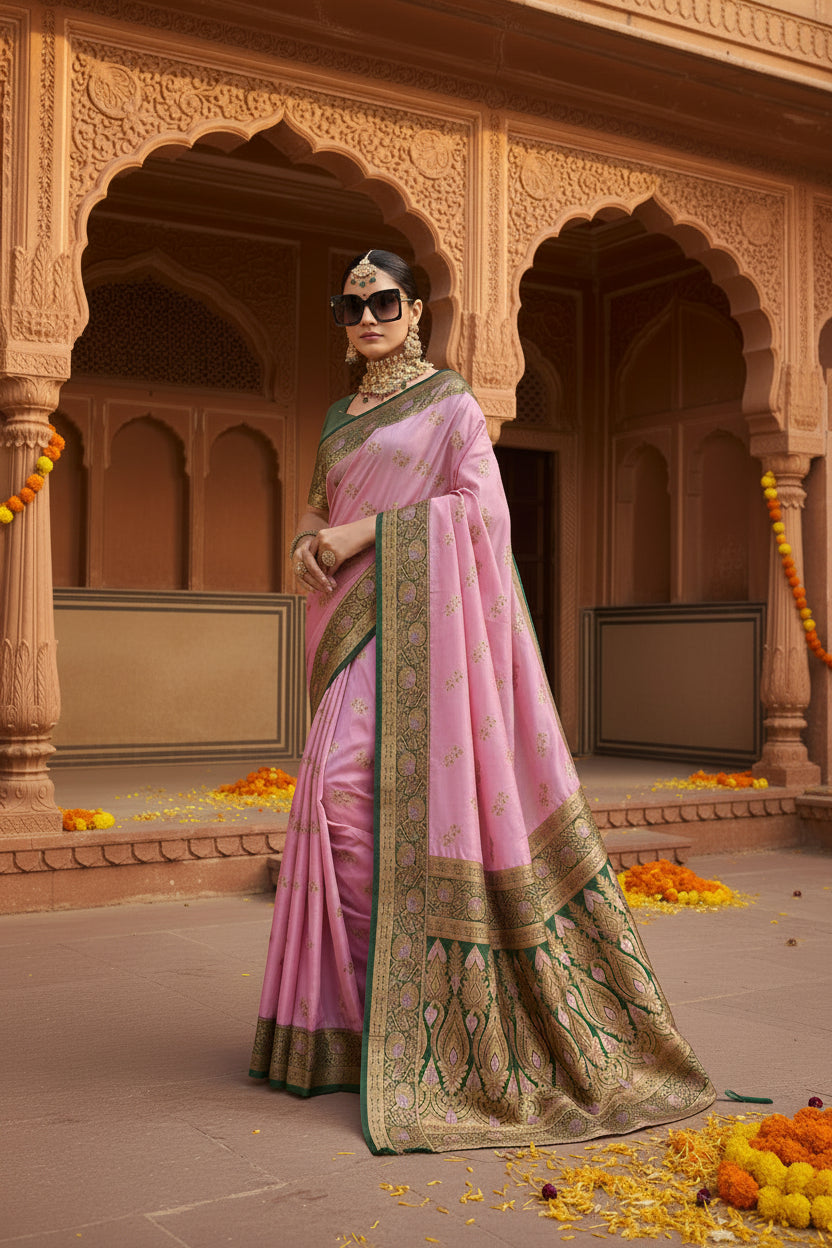 Women's Silk Blend Booti Work Ready to wear Saree With Unstitched Blouse 5.5Mtr (LightPink)