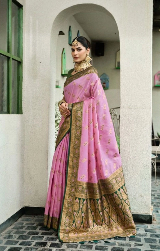 Women's Silk Blend Booti Work Ready to wear Saree With Unstitched Blouse 5.5Mtr (LightPink)