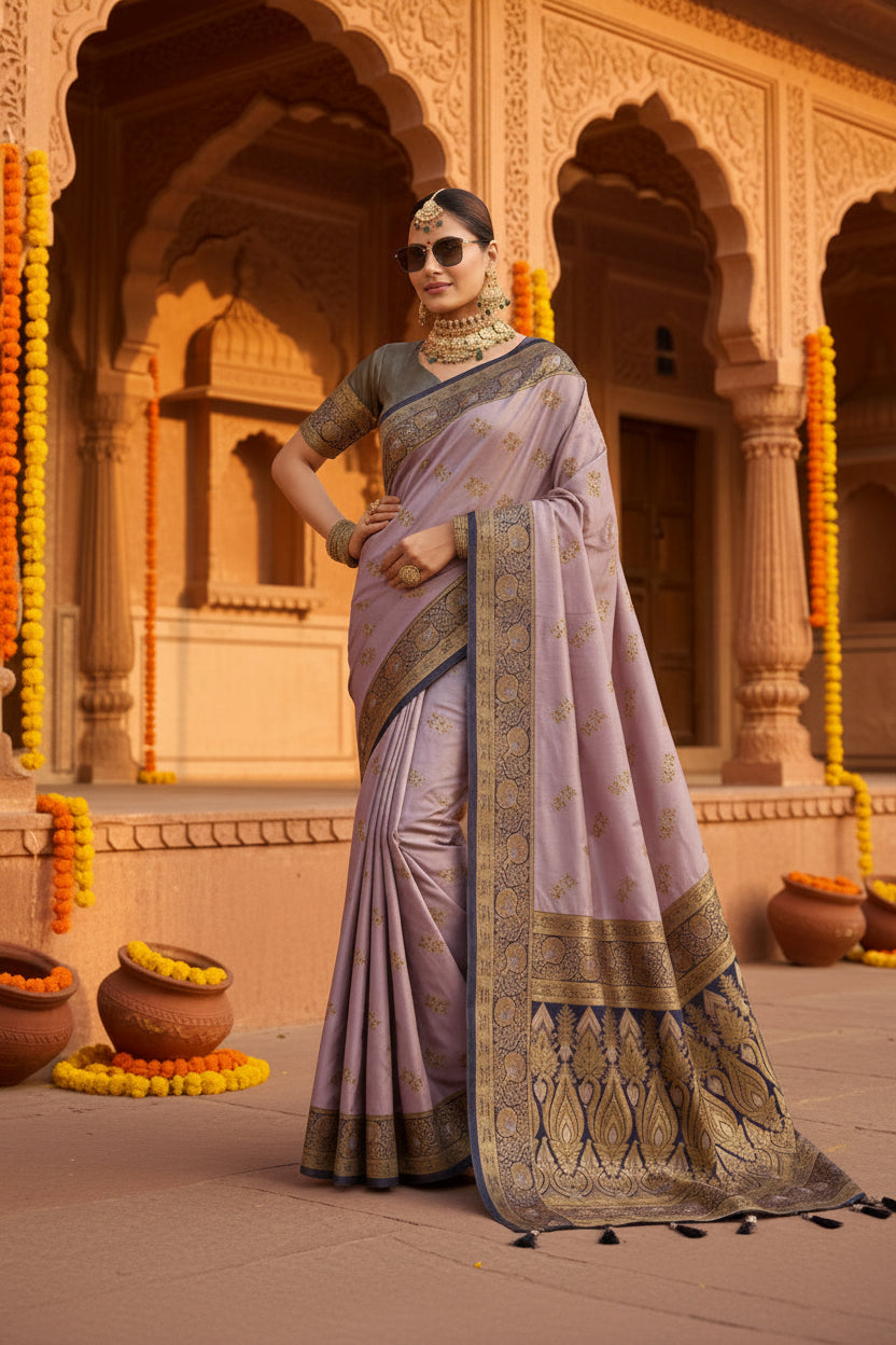 Women's Silk Blend Booti Work Ready to wear Saree With Unstitched Blouse 5.5Mtr (Lavender)