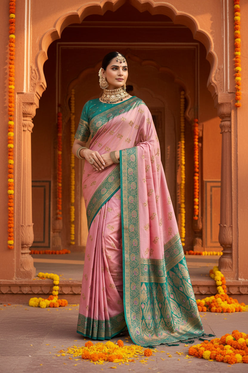 Women's silk blend booti work ready to wear saree with unstitched blouse 5