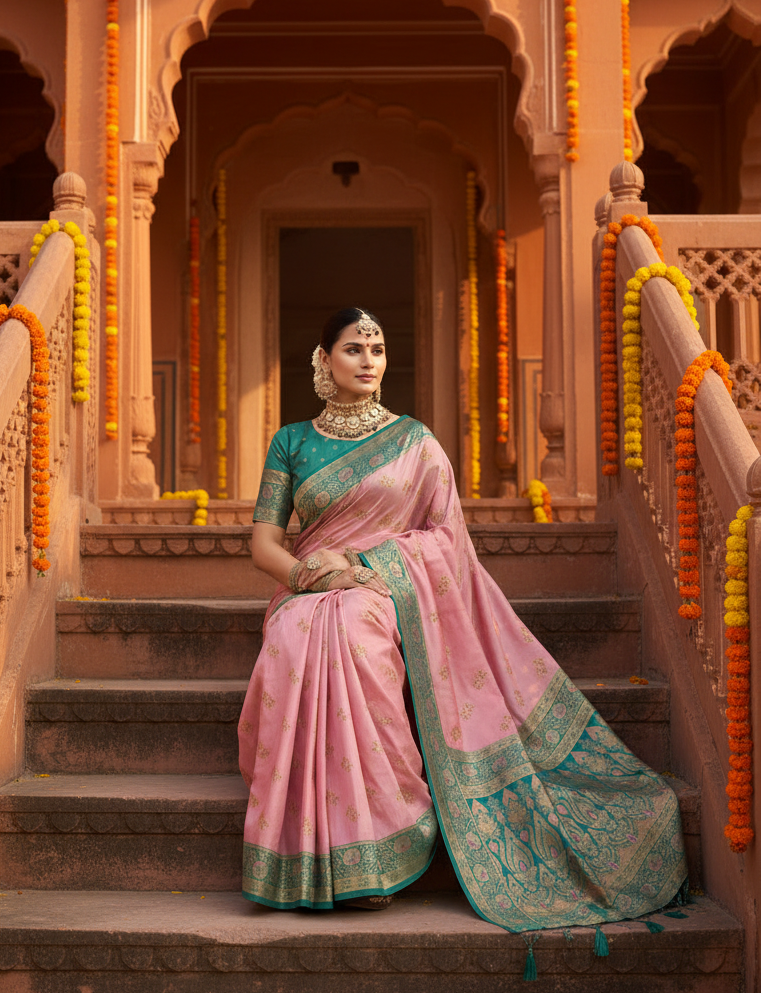 Women's Silk Blend Booti Work Ready to wear Saree With Unstitched Blouse 5.5Mtr (Peach)