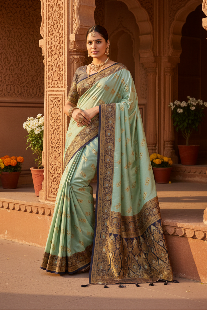 Women's Silk Blend Booti Work Ready to wear Saree With Unstitched Blouse 5.5Mtr (SeaGreen)