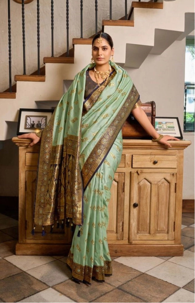 Women's Silk Blend Booti Work Ready to wear Saree With Unstitched Blouse 5.5Mtr (SeaGreen)