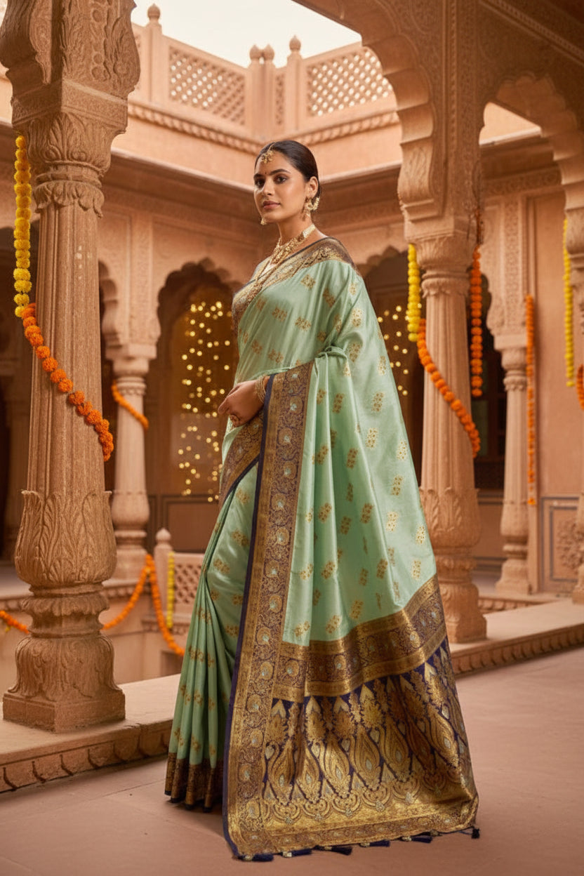 Women's silk blend booti work ready to wear saree with unstitched blouse 5