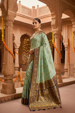 Load image into Gallery viewer, Women's Silk Blend Booti Work Ready to wear Saree With Unstitched Blouse 5.5Mtr (SeaGreen)
