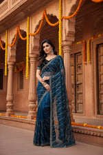 Load image into Gallery viewer, Women's Net Sequence Saree With Unstitched Blouse 5.5Mtr (Blue)
