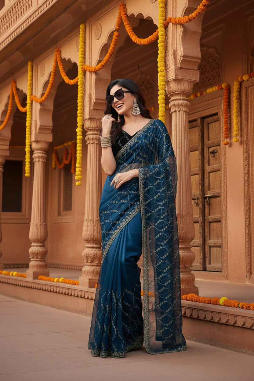 Women's Net Sequence Saree With Unstitched Blouse 5.5Mtr (Blue)