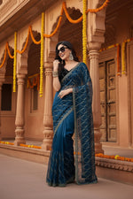 Load image into Gallery viewer, Women's Net Sequence Saree With Unstitched Blouse 5.5Mtr (Blue)
