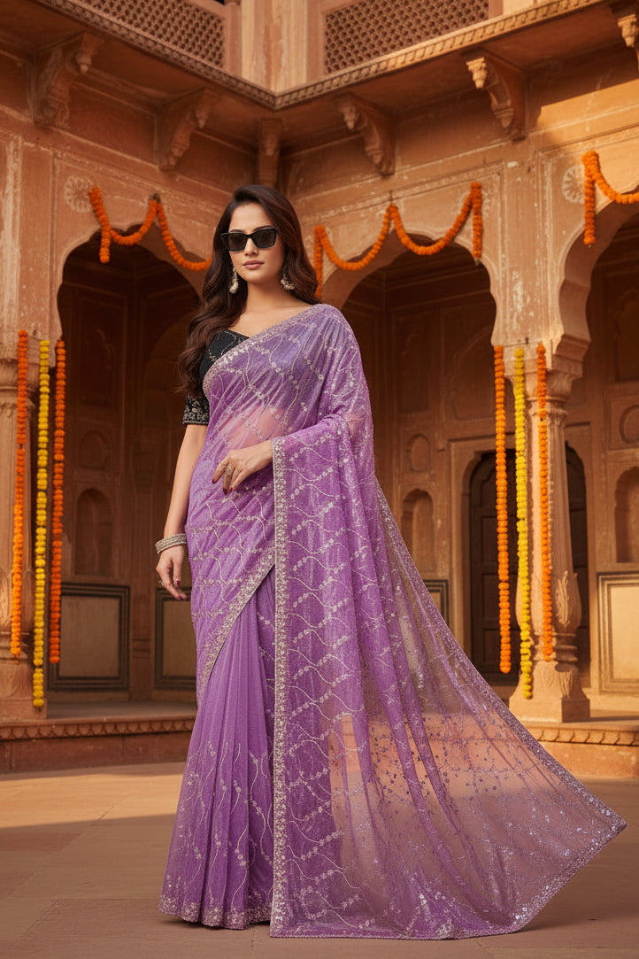 Women's Net Sequence Saree With Unstitched Blouse 5.5Mtr (Lavender)