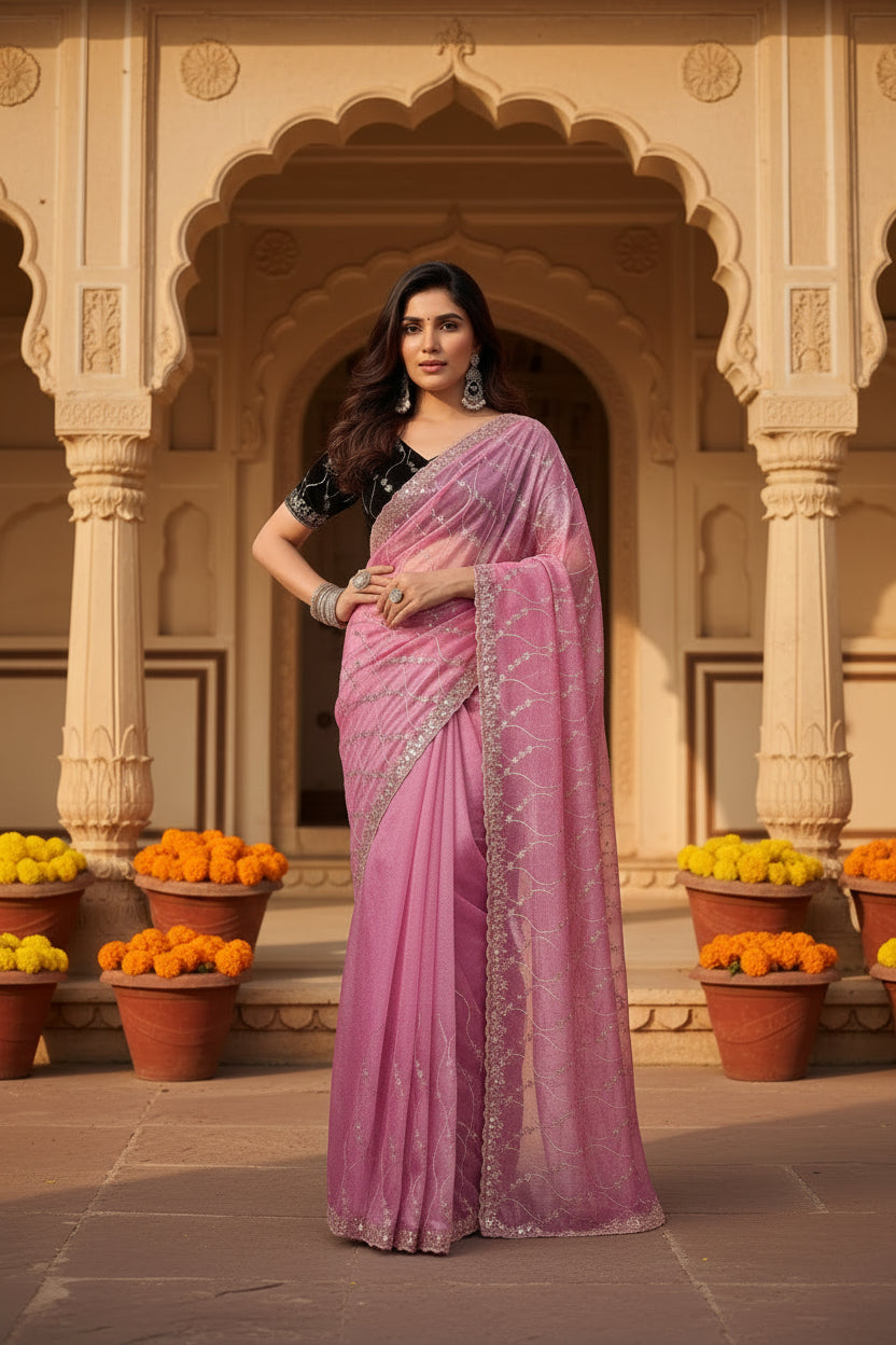 Women's Net Sequence Saree With Unstitched Blouse 5.5Mtr (Light Pink)