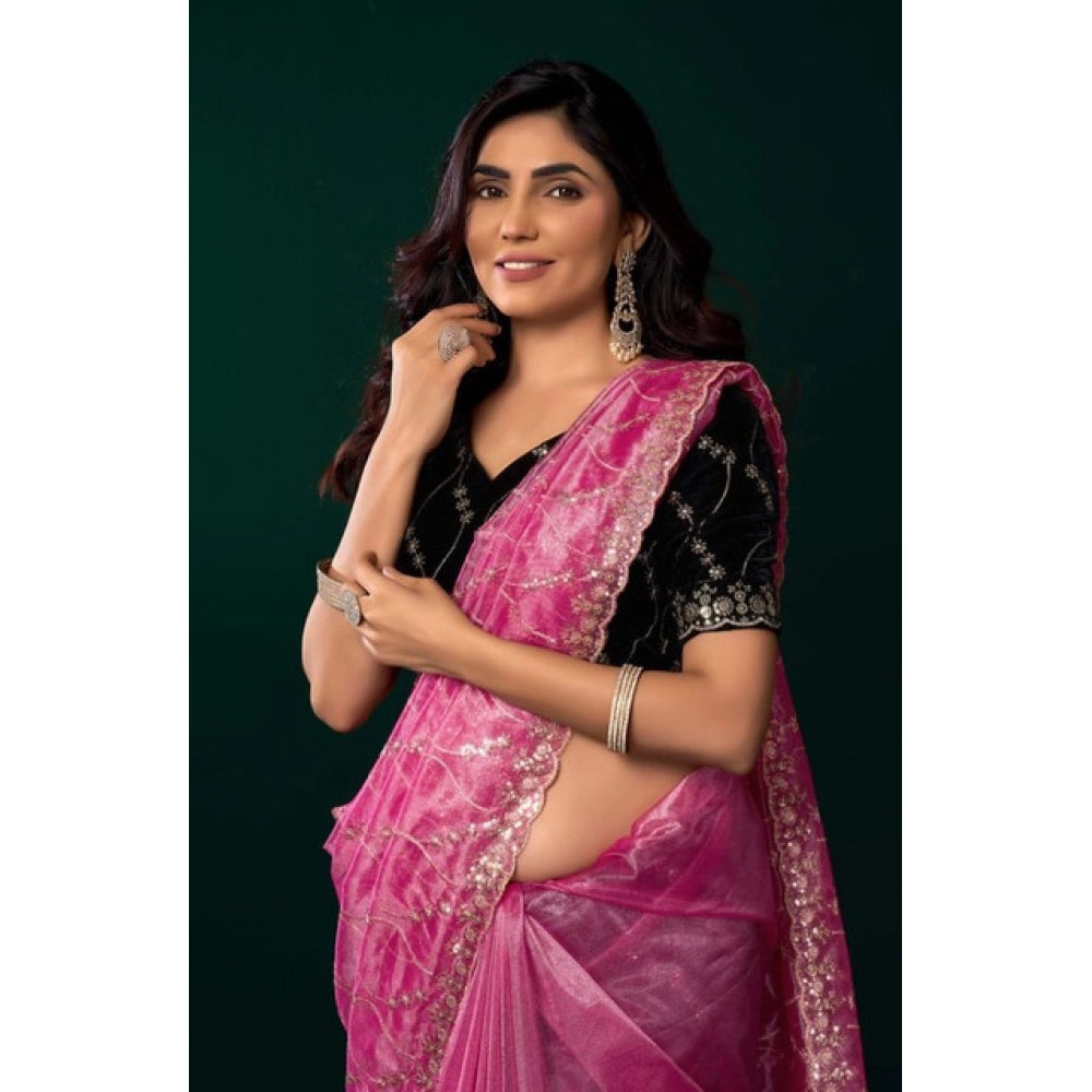 Women's net sequence saree with unstitched blouse 5
