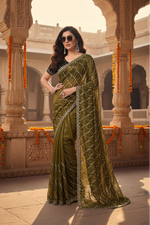 Load image into Gallery viewer, Women's Net Sequence Saree With Unstitched Blouse 5.5Mtr (Mahendi)

