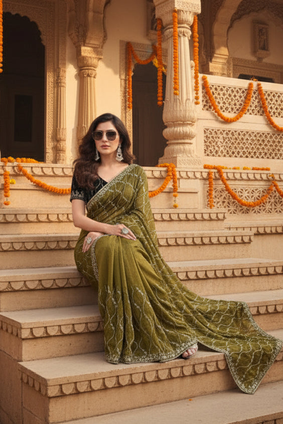 Women's Net Sequence Saree With Unstitched Blouse 5.5Mtr (Mahendi)