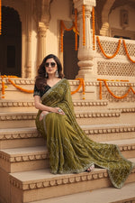 Load image into Gallery viewer, Women's Net Sequence Saree With Unstitched Blouse 5.5Mtr (Mahendi)
