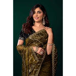 Load image into Gallery viewer, Women's Net Sequence Saree With Unstitched Blouse 5.5Mtr (Mahendi)
