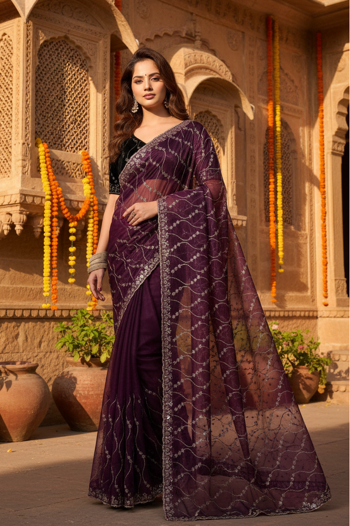 Women's net sequence saree with unstitched blouse 5