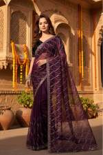 Load image into Gallery viewer, Women's Net Sequence Saree With Unstitched Blouse 5.5Mtr (Purple)

