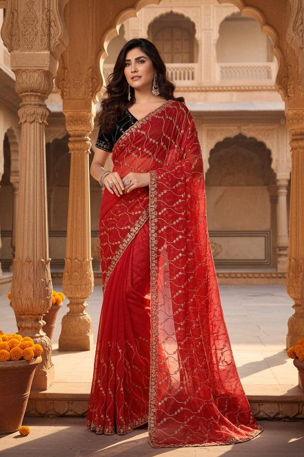 Women's Net Sequence Saree With Unstitched Blouse 5.5Mtr (Red)