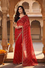 Load image into Gallery viewer, Women's Net Sequence Saree With Unstitched Blouse 5.5Mtr (Red)
