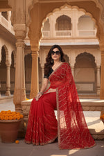 Load image into Gallery viewer, Women's Net Sequence Saree With Unstitched Blouse 5.5Mtr (Red)
