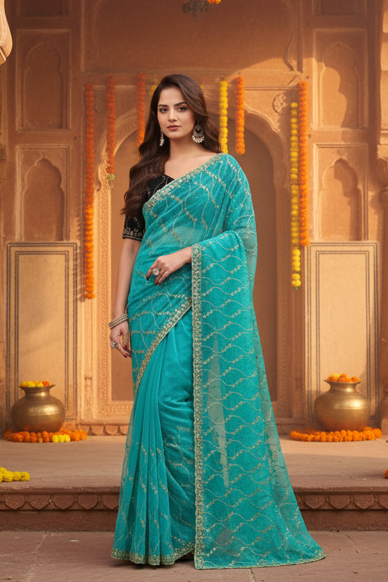 Pid 65950 women s net sequence saree with unstitched blouse 5 5 mtr turquoise 1 1000x1000