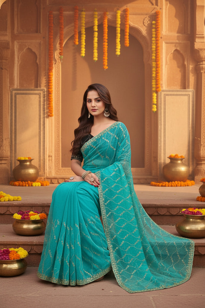 Women's Net Sequence Saree With Unstitched Blouse 5.5Mtr (Turquoise)
