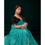 Load image into Gallery viewer, Women's Net Sequence Saree With Unstitched Blouse 5.5Mtr (Turquoise)
