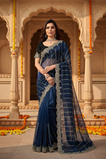 Load image into Gallery viewer, Women's Net Sequence Saree With Unstitched Blouse 5.5Mtr (Blue)
