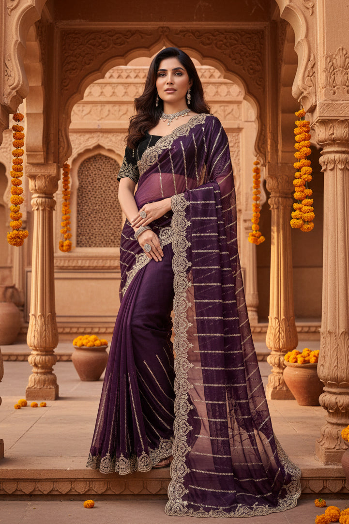 Women's Net Sequence Saree With Unstitched Blouse 5.5Mtr (Wine)