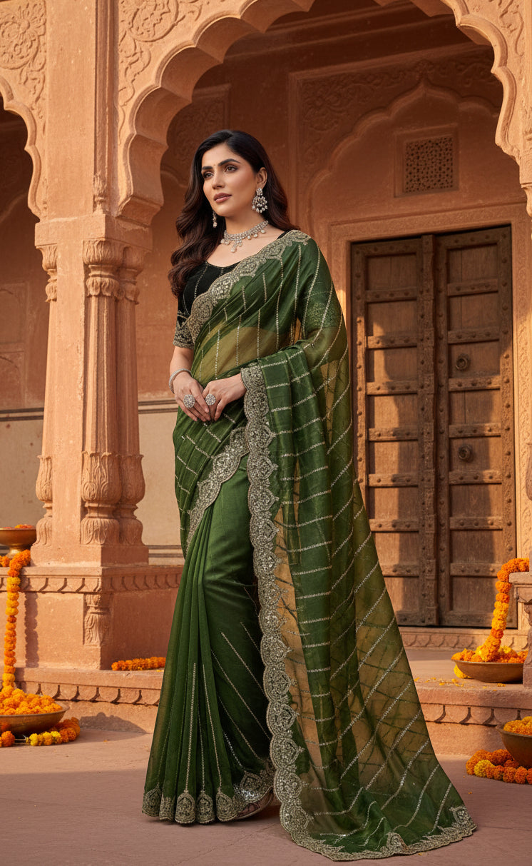 Women's Net Sequence Saree With Unstitched Blouse 5.5Mtr (Green)