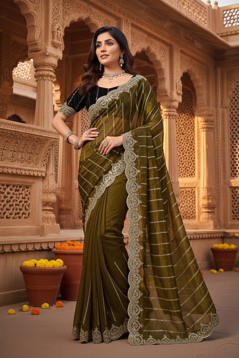Women's Net Sequence Saree With Unstitched Blouse 5.5Mtr (Olive)