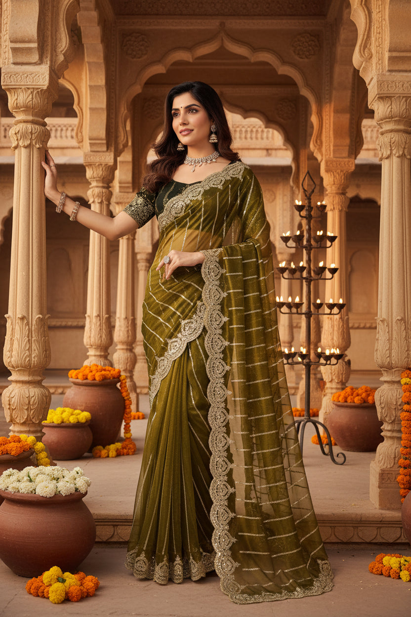 Women's Net Sequence Saree With Unstitched Blouse 5.5Mtr (Olive)