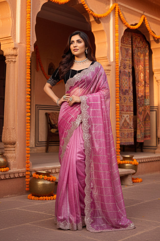 Women's Net Sequence Saree With Unstitched Blouse 5.5Mtr (Pink)