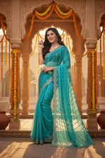 Load image into Gallery viewer, Women's Net Sequence Saree With Unstitched Blouse 5.5Mtr (Turquoise)

