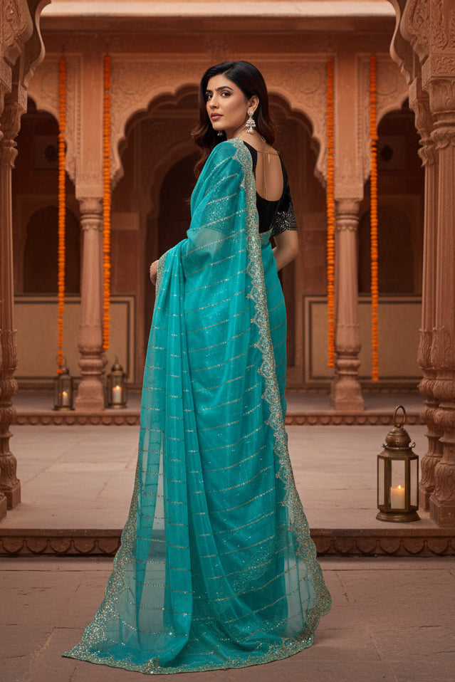 Women's net sequence saree with unstitched blouse 5