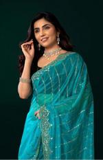 Load image into Gallery viewer, Women's Net Sequence Saree With Unstitched Blouse 5.5Mtr (Turquoise)
