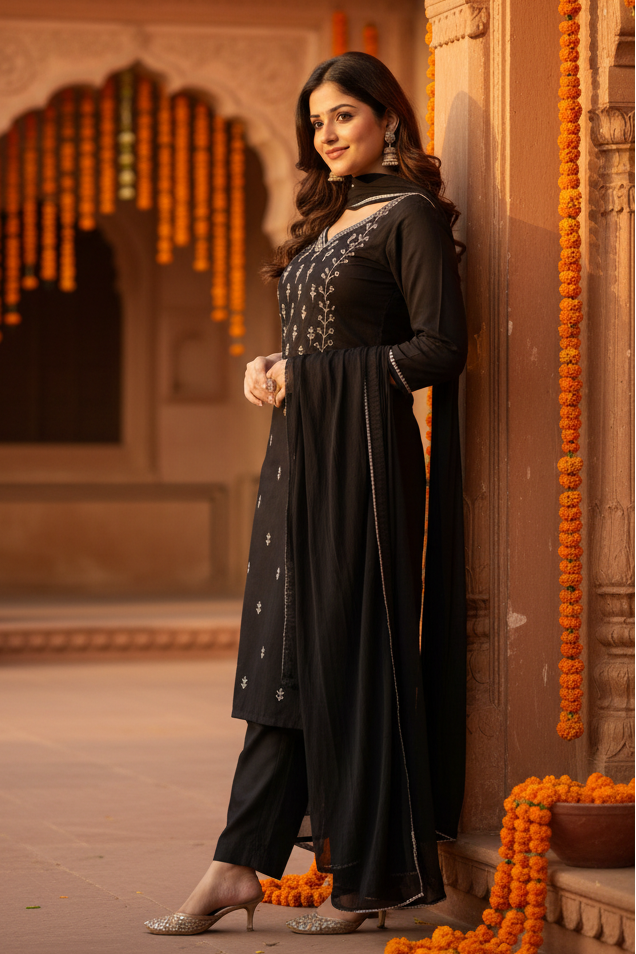 Generic Women's Georgette Ethnic Motif Round 3/4th Sleeve Kurti With Pant Dupatta Set (Black)