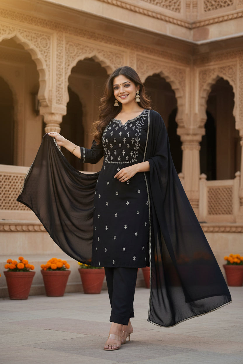 Generic Women's Georgette Ethnic Motif Round 3/4th Sleeve Kurti With Pant Dupatta Set (Black)
