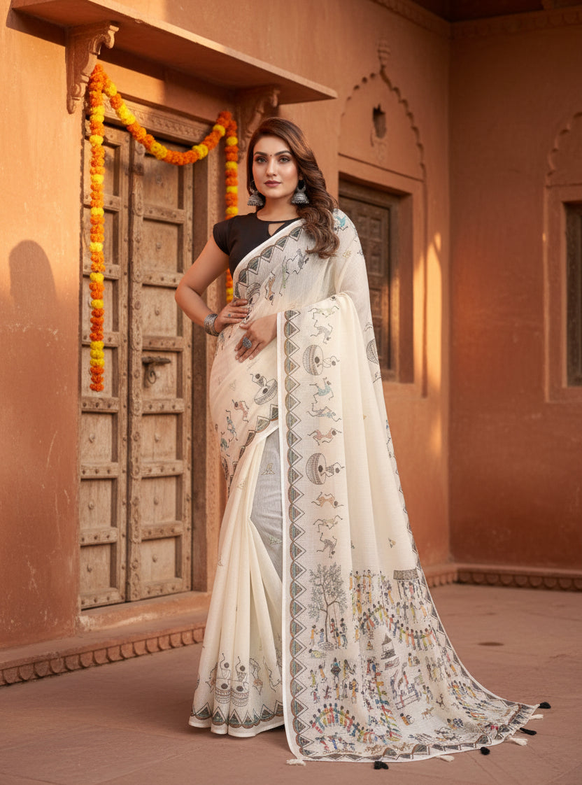 Women's Linen Cotton Printed Saree With Unstitched Blouse 5.5Mtr (Off White)