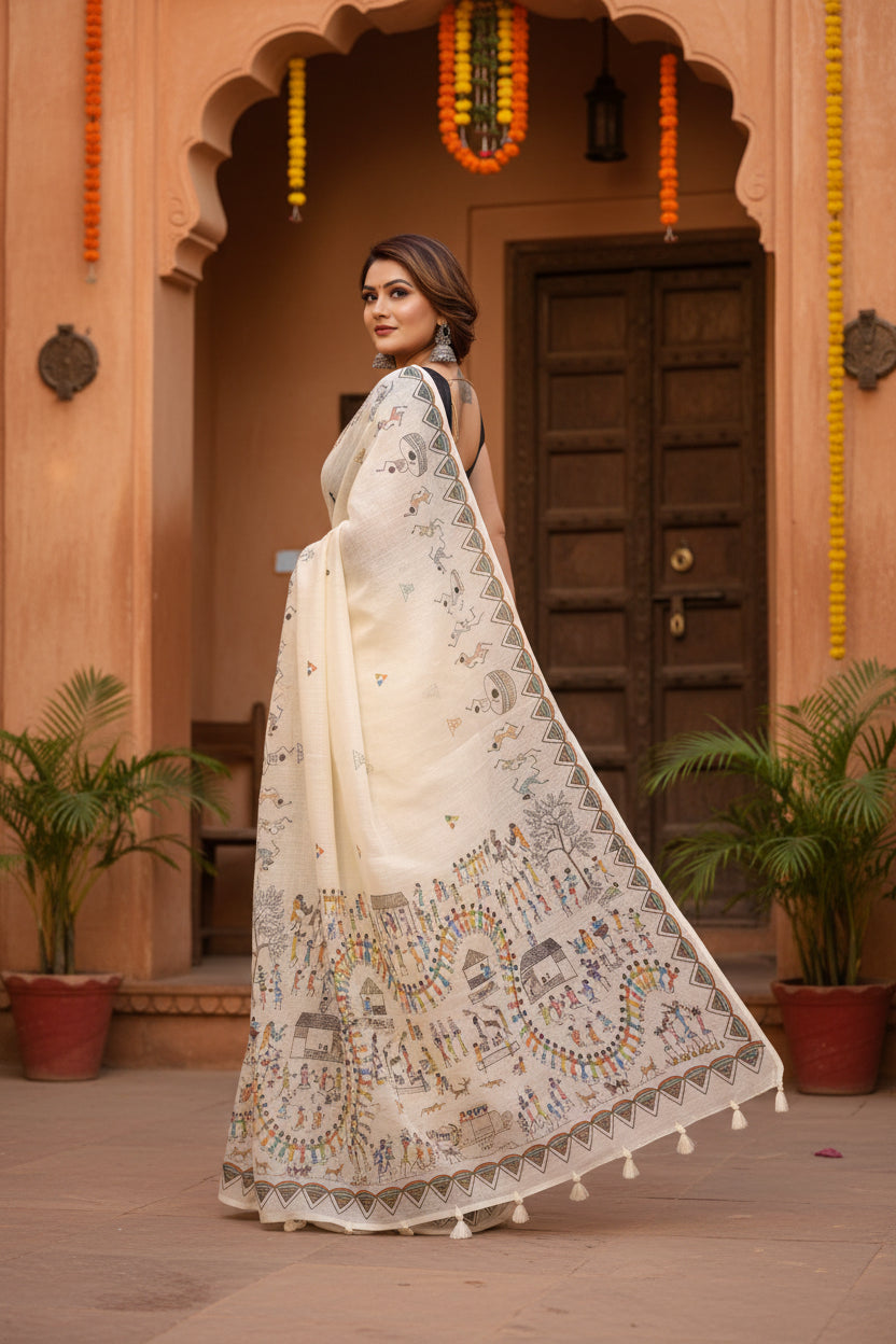 Women's Linen Cotton Printed Saree With Unstitched Blouse 5.5Mtr (Off White)