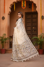 Load image into Gallery viewer, Women's Linen Cotton Printed Saree With Unstitched Blouse 5.5Mtr (Off White)
