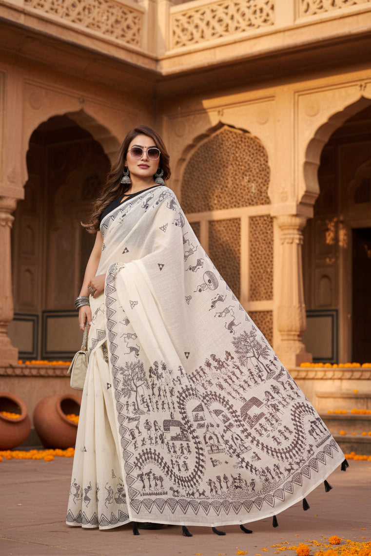 Women's Linen Cotton Printed Saree With Unstitched Blouse 5.5Mtr (Off White)