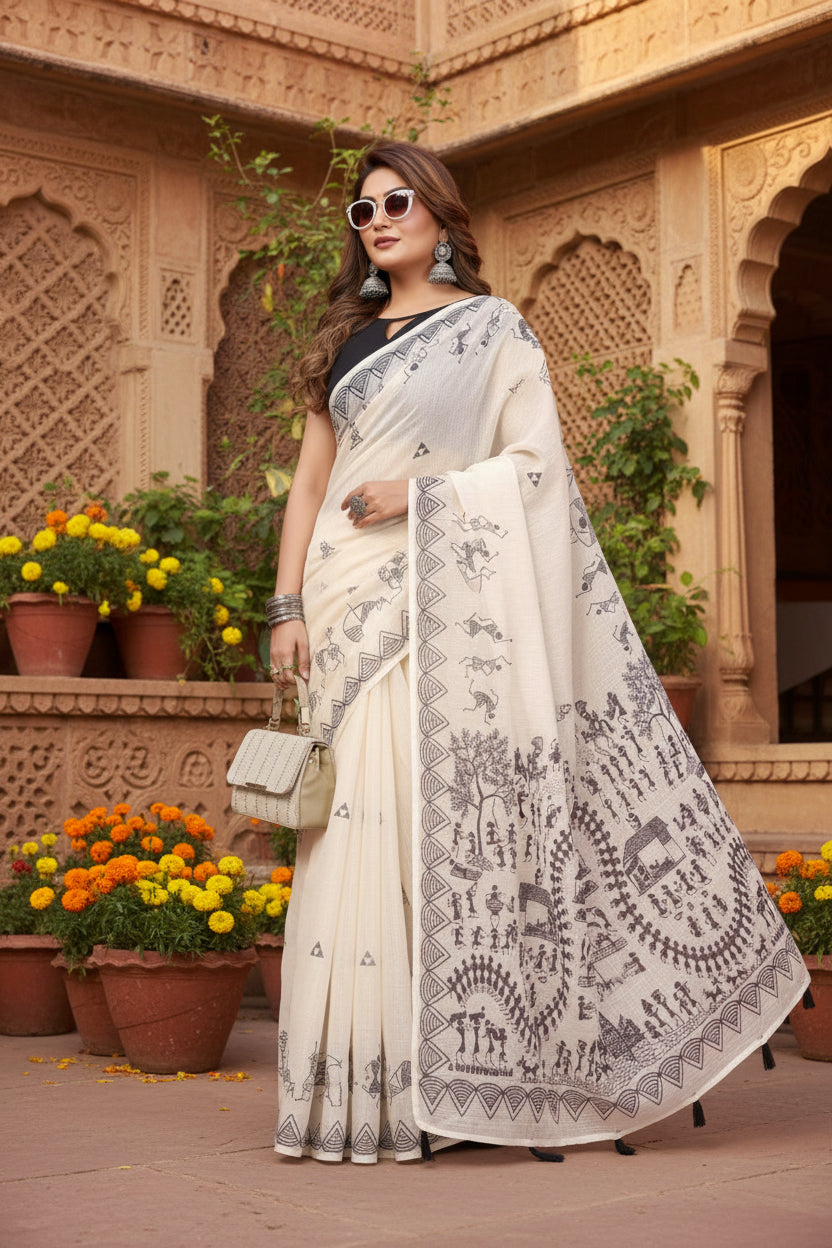 Women's Linen Cotton Printed Saree With Unstitched Blouse 5.5Mtr (Off White)