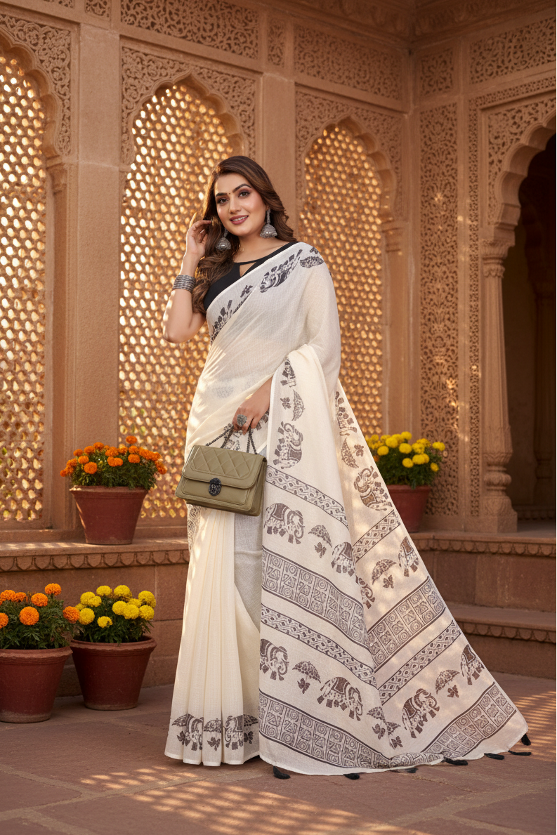 Women's Linen Cotton Printed Saree With Unstitched Blouse 5.5Mtr (Off White)